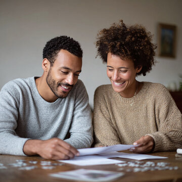 幸福的夫妻在家一起审阅文件。代表着合作关系、财务事宜或共同目标。非常适合用于阐释财务规划、人际关系或家庭生活。