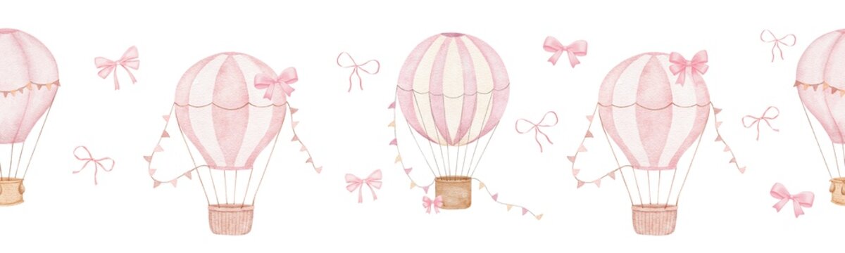 粉色热气球与蝴蝶结无缝水彩边框——女孩主题白色背景手绘重复插画