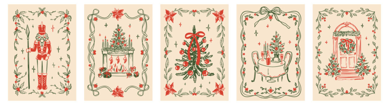 Set of hand drawn whimsical red and green Merry Christmas and Happy New Year greeting cards, posters, backgrounds. Holli leaves, poinsettia flowers garland, bow ribbon chalk rectangle frame design