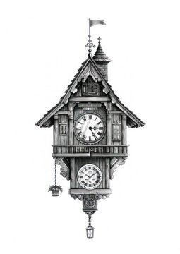 精致的复古布谷鸟钟插画