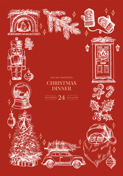 带有手绘节日元素的圣诞相框。节日氛围，优雅复古设计。矢量草图插画。