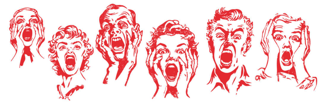 复古恐怖素描风格的万圣节尖叫面孔设计元素集，用于海报和平面设计