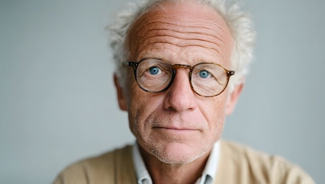 一位白发白须、戴着眼镜的老人平静地看着镜头。中性背景的工作室肖像照。