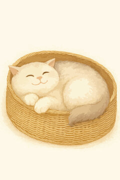 A cat is laying down in a basket