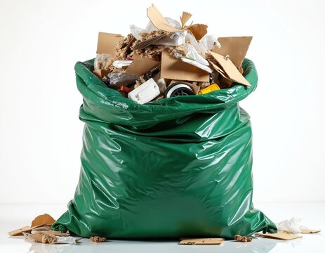 绿色垃圾袋里装满了生活垃圾。硬纸板、塑料、废纸从顶部和侧面溢出。杂乱的垃圾堆积显示出污染问题以及对环境的生态影响。垃圾处理收集