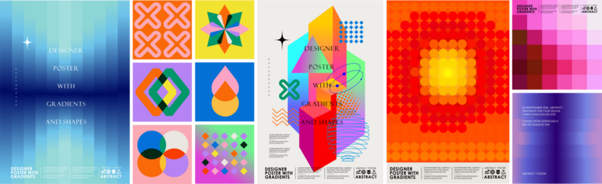 翻译标题：现代抽象渐变艺术海报，带有几何形状、拼贴、彩色图案以及充满活力的构图，适用于图形未来主义设计、品牌塑造、网页背景和创意封面