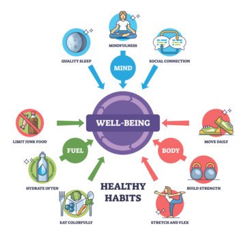 健康习惯对幸福至关重要，重点关注睡眠、正念和营养，透明背景。关键元素有床、食物、运动。