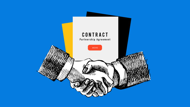 时尚拼贴画，包含手绘的握手、商业合同、协议、伙伴关系、合作、成功、信任元素。体现团队合作、交易、企业协作的概念。复古手绘矢量插画