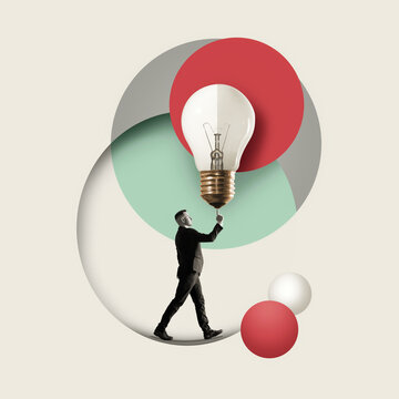 超现实拼贴画，画面中有商人与象征创新、创造力和新想法的灯泡。适用于商业、战略和成功理念的现代抽象设计。