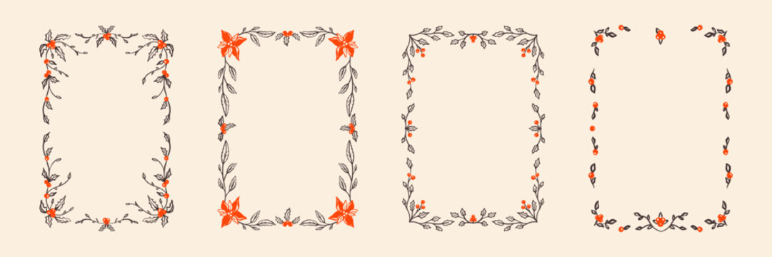 圣诞快乐新年祝福手绘涂鸦蜡笔空白边框套装。适用于贺卡、节日邀请函的奇趣娇俏花卉边框，含一品红与冬青叶的节日设计；