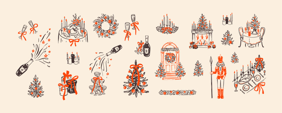 Merry Christmas and Happy New Year design doodle elements set. Whimsical crayon, pencil, chalk drawings. Home family cozy xmas dinner table. Chimney, door, festive feast decoration in coquettish style
