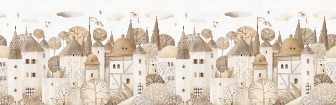 Fairytale city. Lovely old houses. Decor for a children room. Watercolor background. Horizontal seamless pattern. Beige color. Vintage style.