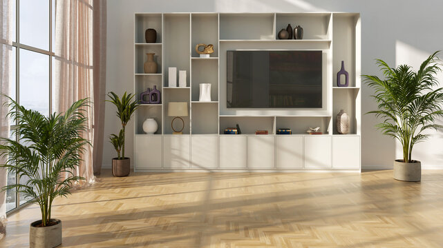 大型豪华现代明亮室内客厅模型插画3D渲染图