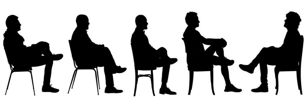 silhouette of a   back view of a group of men cross legged on white background