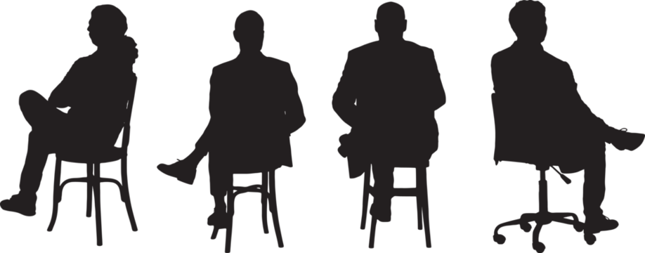 翻译标题：矢量图；一群盘腿而坐的男性的背面轮廓