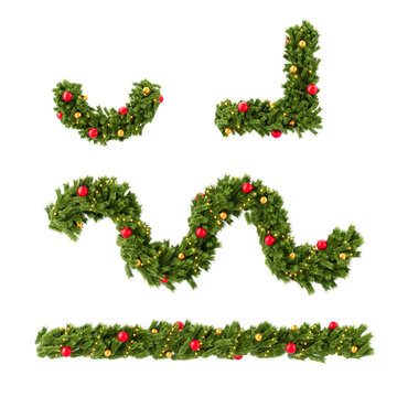 白色背景上带有各种形状红色和金色饰品的圣诞花环。用于节日庆祝场景的节日装饰概念。3D渲染