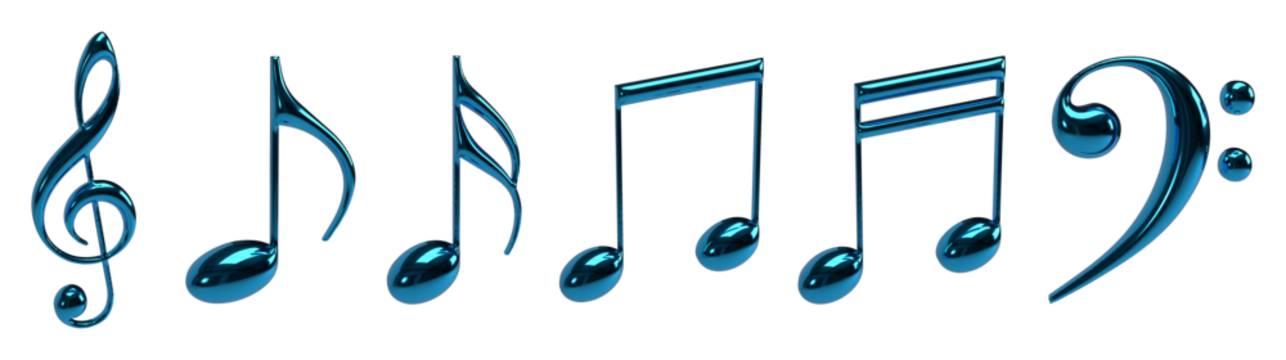 一组铬蓝色银色音乐音符3D渲染图