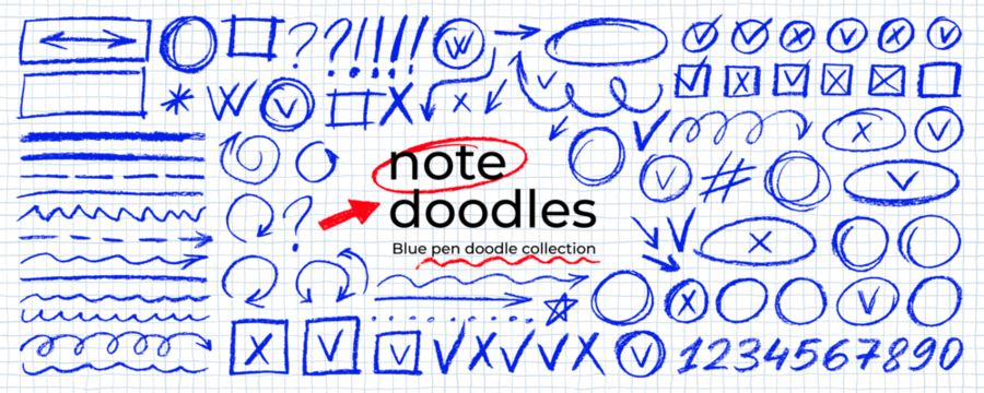Hand drawn blue highlights, underlines and emphasis crayon elements. Blue pen check marks, ovals and school notebook vector shapes for hand drawn notes. Checkered paper sheet.