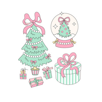 学院风可爱少女风圣诞树形礼物水晶球剪贴画套装。柔和色调的假日少女风插画