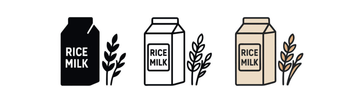 白色背景上的米浆图标 黑色剪影、扁平图标、轮廓图标及彩色图标风格 1×3网格布局 三种简约矢量图标风格 居中构图 四周留白清晰