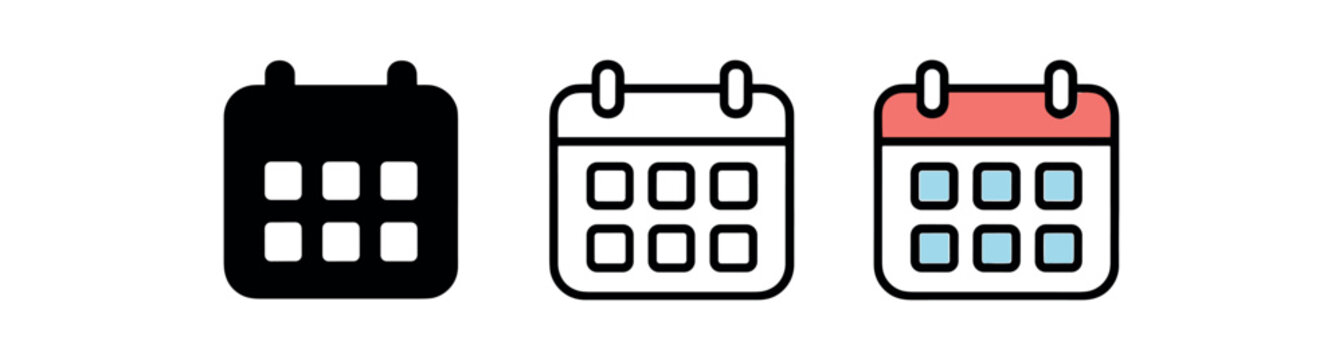 calendar icon on white background Black silhouette flat icon outline icon and colored icon style. 1x3 grid. three minimal vector icon style.centered composition clear white space around