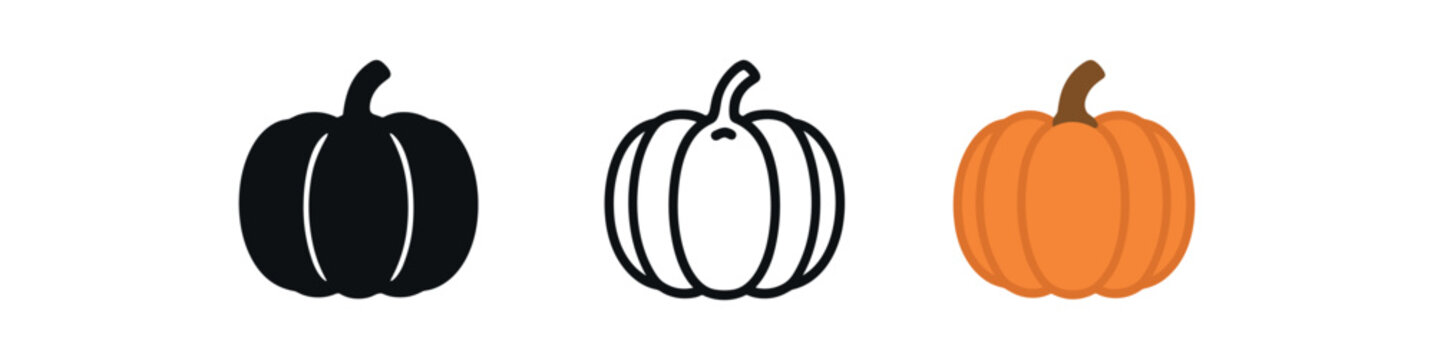 白色背景上的秋季南瓜图标 黑色剪影扁平图标、轮廓图标和彩色图标风格。1x3网格。三种简约矢量图标风格