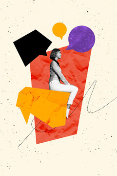 潮流艺术拼贴模板 对话反馈、思维想法与沟通主题的合成素描 微笑静坐的年轻女性 语音云海报