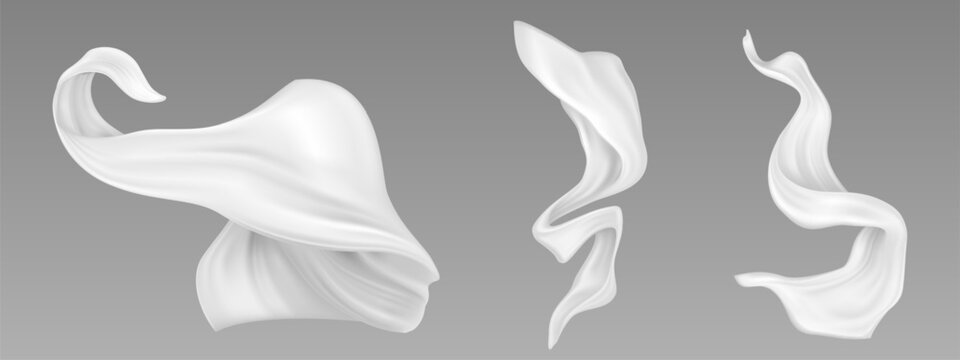 白色丝带套装，带有流畅优雅的曲线和光滑的质感，孤立在灰色背景上。逼真的3D风格扭曲形状，适用于装饰、礼品包装或节日设计元素。