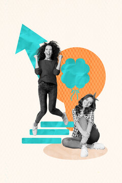 两位开心的商业伙伴女孩站立的海报3D草图流行艺术图像拼贴，箭头指向发展、目标、成就与成功