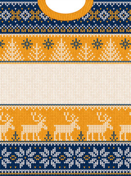Merry Christmas Knitted Sweater Design Cozy Holiday Pattern. Festive Yeloow Blue Ugly Sweater with Reindeer Snowflakes. Knitted Christmas Greeting Card, Holiday Sweater Typography Vector Illustration