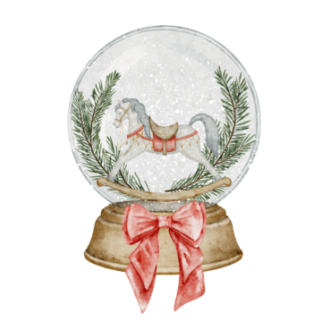 带有摇马和红色蝴蝶结的圣诞雪花玻璃球水彩插画。用于节日圣诞贺卡或新年请柬的玻璃雪球。适用于节日包装或海报的艺术作品。