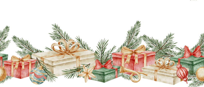 带有圣诞礼物、丝带和松枝的水彩无缝边框。用于圣诞请柬或新年贺卡的带蝴蝶结礼盒装饰插画。适合装裱的艺术作品。