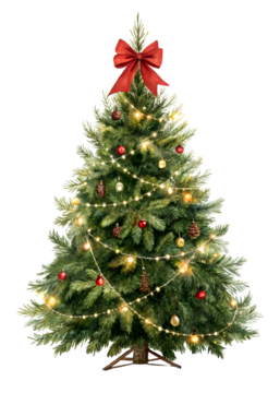 装饰好的带有红色蝴蝶结和串灯的圣诞树