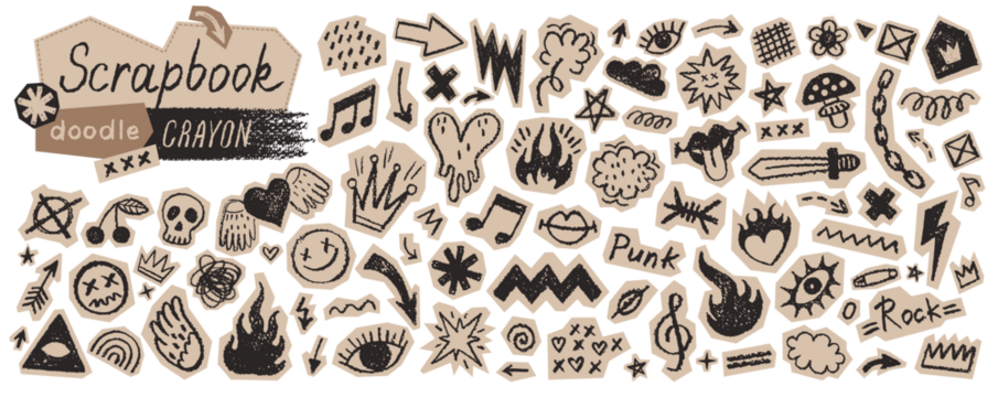 Rock scrapbook. Punk music doodle cutout collage sticker. Punk rock music icon pattern. Torn paper with scribble tattoo. Shape nub bg. Fire, heart, star, skull. Bold journal hand drawn scrap element