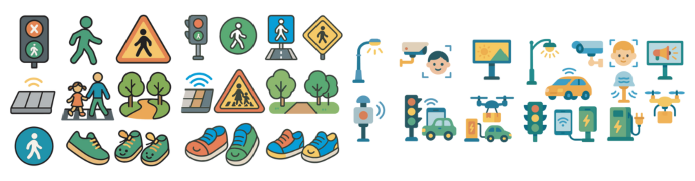 交通与行人扁平图标集 - 填充式、等轴测、道路安全符号