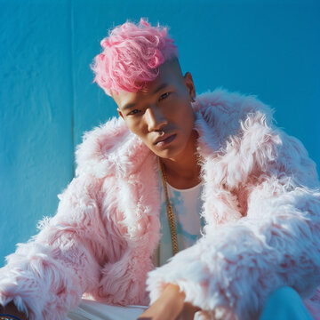 翻译：一位拥有独特风格的年轻人，充满自信且极具个性地展现着自己的态度。