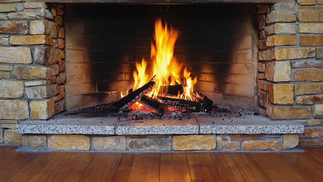 质朴的石壁炉，燃烧的木柴和明亮的火焰在温馨的木质室内营造出温暖宜人的氛围，是冬日舒适、放松、享受家的魅力与宁静夜晚的绝佳之选。