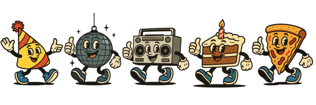 复古风格的欢乐卡通角色——披萨、蛋糕、迪斯科球和收音机在欢乐派对氛围中一起跳舞