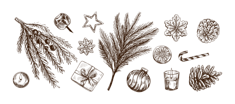 手绘复古单色风格圣诞饼干、松枝、松果、小挂件、礼物、糖果和蜡烛素描集