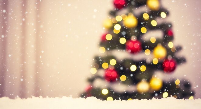 在冬日白雪皑皑的仙境中，闪耀着灯光和装饰品的节日圣诞树