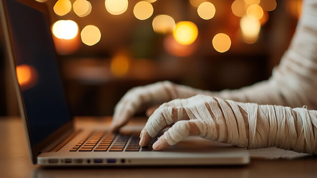 一具木乃伊正用缠着绷带的双手使用笔记本电脑，背后是散景背景。这是对现代生活的幽默演绎，非常适合万圣节主题内容，将科技与古老神秘融合在一起。