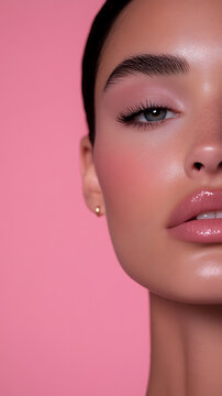 特写肖像展现了一位化着粉色妆容、嘴唇光泽亮丽的女性之美，以鲜艳的粉色为背景，凸显出她的肤色。