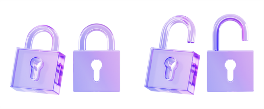 玻璃全息挂锁图标3D渲染。不同角度的已锁定和解锁锁的水晶渐变组。用于网页设计的安全保障符号。保护与隐私概念