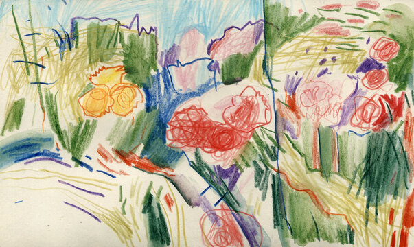 手绘花卉园水彩与彩色铅笔艺术作品，富有表现力的花朵与自然形状抽象构图，用于印刷和网页设计的高分辨率扫描图