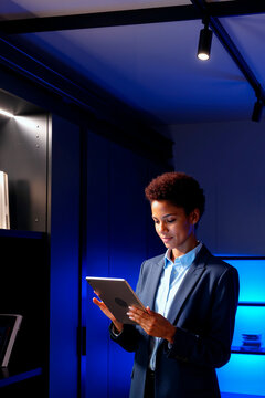 年轻的黑人女性站在现代化办公室里，手持数字平板电脑，工作时专注于屏幕，蓝色氛围灯照亮环境，呈现出专业的商务环境