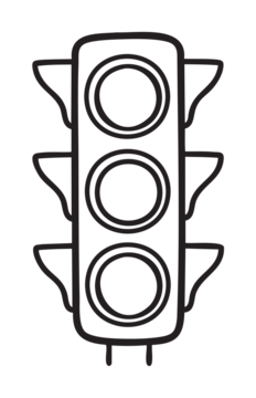 交通信号灯的黑色轮廓图，三个圆形部分垂直排列，每个部分都被围在一个侧面带有侧翼的矩形框架内。