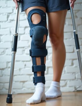 腿部手术后，戴着膝盖矫形支具的女子拄着拐杖行走。患者正处于受伤后的康复恢复期。女性使用矫形夹板来提供支撑、保持稳定并缓解疼痛。