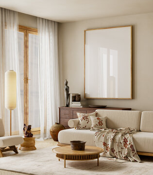 翻译标题：日式斯堪的纳维亚风格客厅内饰，配有米色沙发、木制家具和自然采光。现代客厅中的模拟海报框架。3D 插画