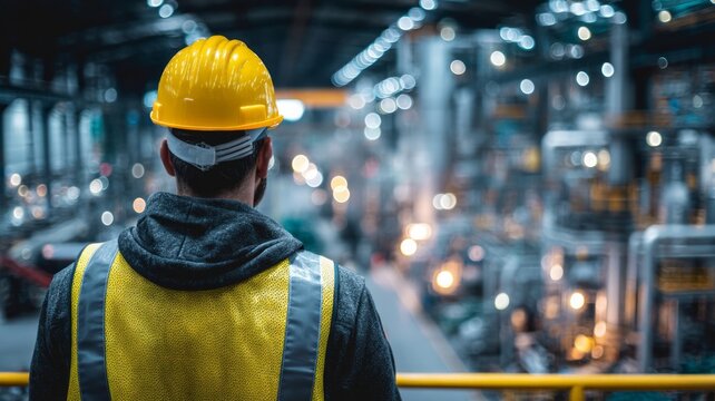 身着安全装备的成熟亚洲男性巡视加工厂。橙色制服与工业背景形成鲜明对比。阴沉的氛围突出了对炼油厂的关注。神经网络AI生成