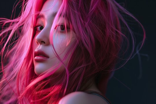 粉色头发的年轻亚洲女性特写，柔和灯光在黑暗、充满氛围感的背景下凸显精致五官。由神经网络人工智能生成